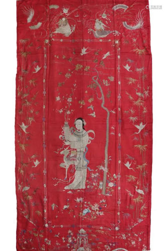 QING DYN. RED-GROUND SILK EMBROIDERED 'MAGU' PANEL