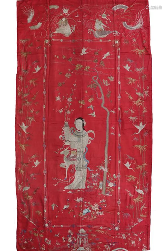 QING DYN. RED-GROUND SILK EMBROIDERED 'MAGU' PANEL