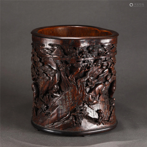 A CARVED ALOES-WOOD BRUSH-POT