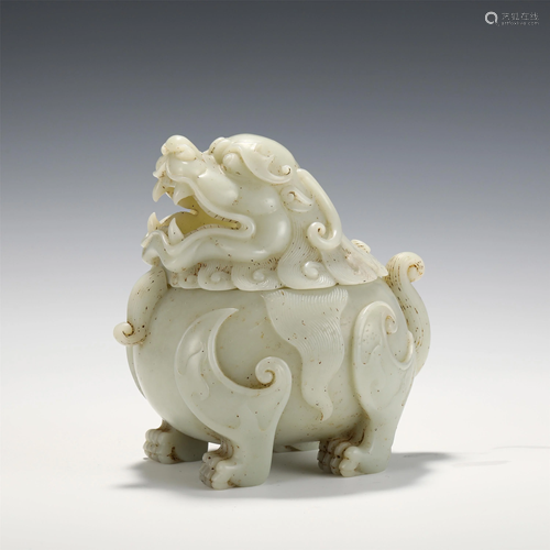 A FINE CARVED WHITE JADE LUDUAN BEAST CENSER