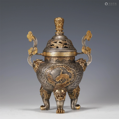 A BRONZE GILT CRANES TRIPOD CENSER