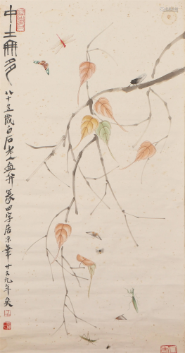 A CHINESE PAINTING HANGING-SCROLL OF LEAVES AND I…