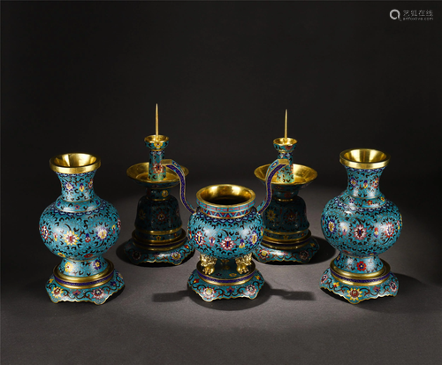 AN IMPORTANT GROUP OF FIVE CLOISONNE ENAMEL RITUAL