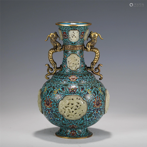 A RARE RETICULATED JADE INLAID CLOISONNE ENAMEL BOTTLE