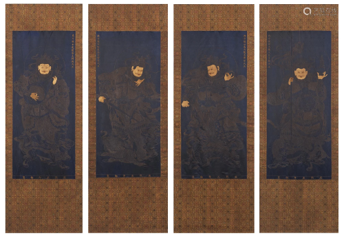 RARE SET OF SILK WALL HANGING OF FOUR HEAVENLY KINGS