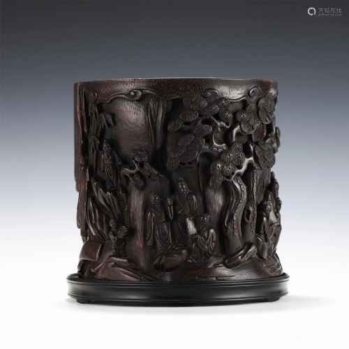 A CARVED ALOES-WOOD BRUSH-POT
