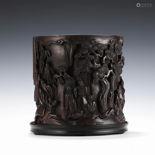 A CARVED ALOES-WOOD BRUSH-POT