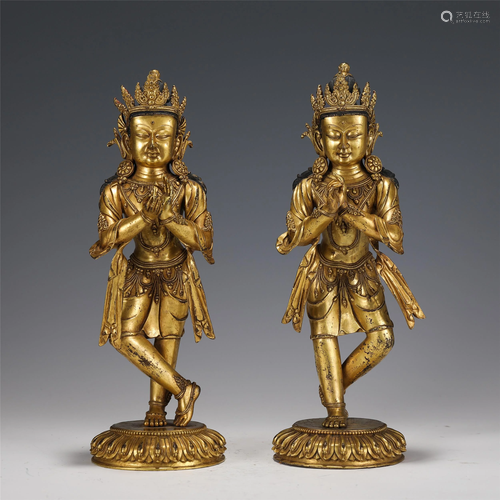 PAIR GILT-BRONZE STANDING ACOLYTES