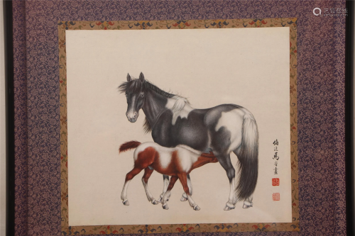 A CHINESE PAINTING HAND-SCROLL OF ROYAL HORSES SIGNED