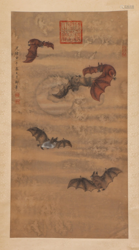A CHINESE PAINTING HANGING-SCROLL OF BATS SIGNED