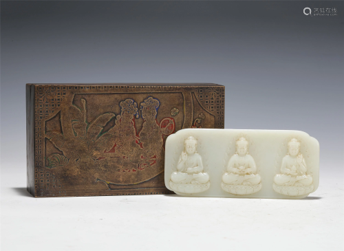 A CARVED WHITE JADE BUDDHA GROUP PANEL WITH BOX