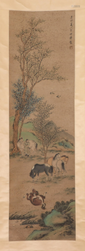 A CHINESE PAINTING HANGING-SCROLL OF HORSES AND…