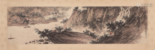 A CHINESE PAINTING HAND-SCROLL OF BOATING PASSING LOFTY