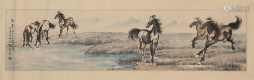 A CHINESE PAINTING HAND-SCROLL OF HORSES GROUP SIGNED