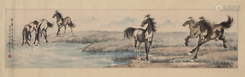 A CHINESE PAINTING HAND-SCROLL OF HORSES GROUP SIGNED