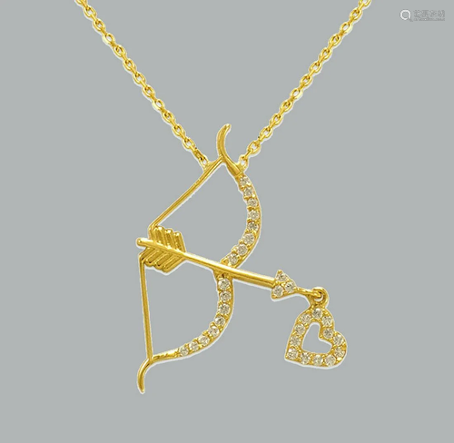 14K YELLOW GOLD CZ HEART NECKLACE CUPID BOW ARROW HE…