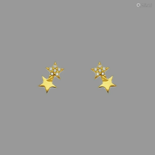 14K YELLOW GOLD DOUBLE STAR STUD CZ EARRINGS SCREW BA…