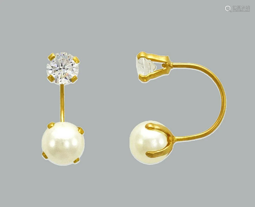 NEW 14K YELLOW GOLD TELEPHONE CZ STUD EARRINGS PEARL