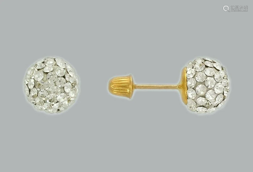 14K YELLOW GOLD STUD ENAMEL WHITE CZ BALL EARRINGS