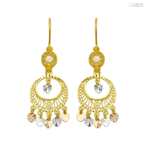 14K TRI COLOR GOLD DROP DANGLE CHANDELIER CZ EARRINGS