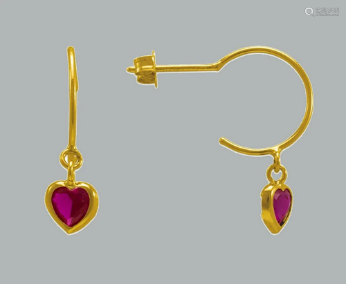 NEW 14K YELLOW GOLD CZ DANGLE EARRINGS RED HEART