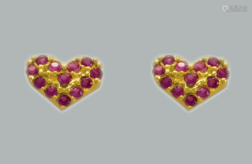 14K YELLOW GOLD STUD CZ EARRINGS SCREW BACK RED HEART