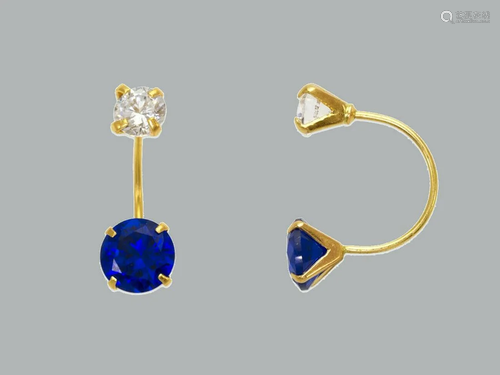 14K YELLOW GOLD LADIES TELEPHONE CZ STUD EARRINGS BLUE