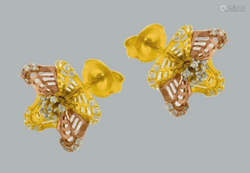 NEW 14K TRI COLOR GOLD FLOWER CZ SET EARRINGS
