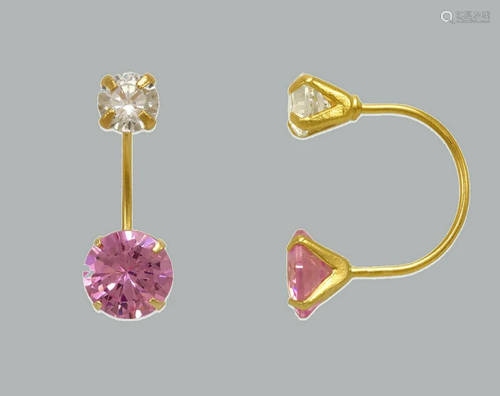 14K YELLOW GOLD LADIES TELEPHONE CZ STUD EARRINGS PINK