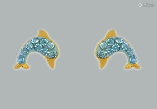 14K Y/ GOLD STUD ENAMEL CZ EARRINGS SCREW BACK DOLPHIN