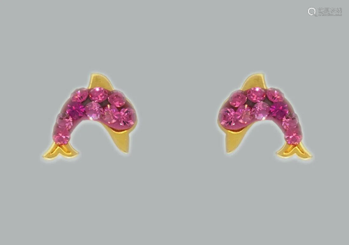 14K Y/ GOLD STUD ENAMEL CZ EARRINGS PINK DOLPHIN