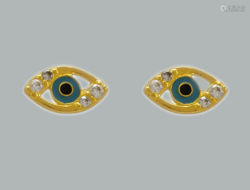 14K Y/ GOLD STUD ENAMEL CZ EARRINGS SCREW BACK EVIL EYE