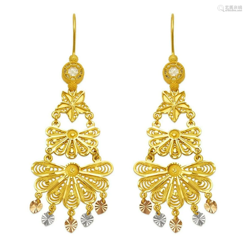 14K TRI COLOR GOLD DROP DANGLE CHANDELIER CZ EARRINGS