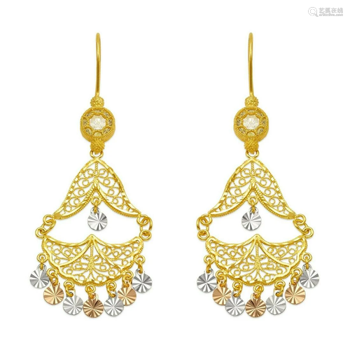 14K TRI COLOR GOLD DROP DANGLE CHANDELIER CZ EARRINGS