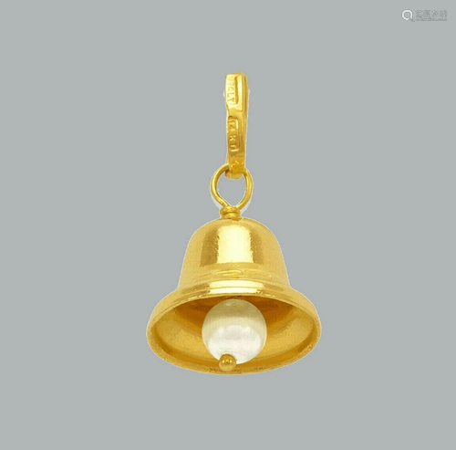 NEW 14K YELLOW GOLD BELL WITH PEARL PENDANT / CHARM