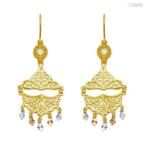 14K TRI COLOR GOLD DROP DANGLE CHANDELIER CZ EARRINGS