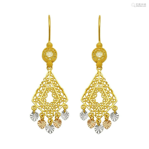 14K TRI COLOR GOLD DROP DANGLE CHANDELIER CZ EARRINGS