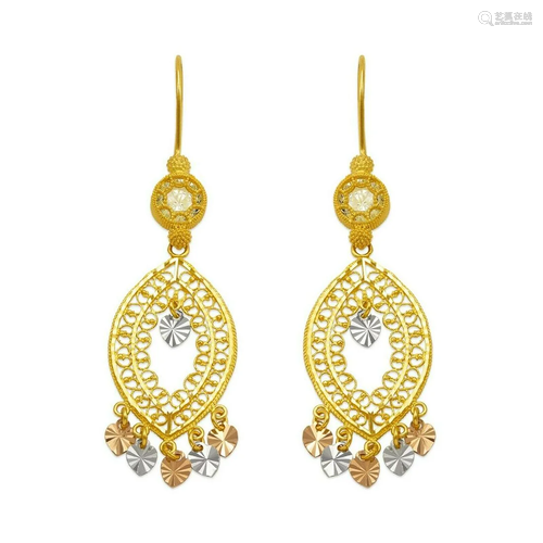 K TRI COLOR GOLD DROP DANGLE CHANDELIER CZ EARRINGS