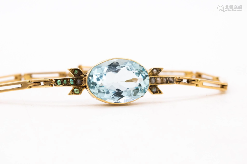 Art Deco Aquamarine, Opals & 18k Gold Bracelet
