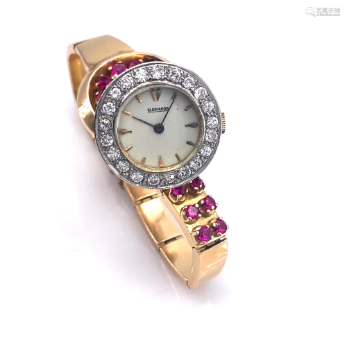 Retro Rubies, Diamonds 18k Gold Wristwatch