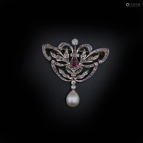 Art Nouveau Diamonds, Rubies, Pearl, Platinum & 18k