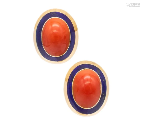 Italian Retro 18k Gold, Lapis lazuli & Coral Earrings