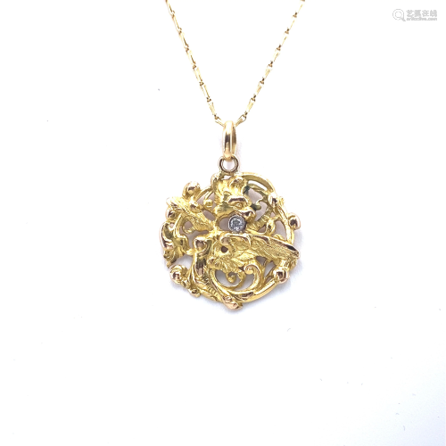 Art Nouveau Diamond & 18k Gold Dragon Pendant