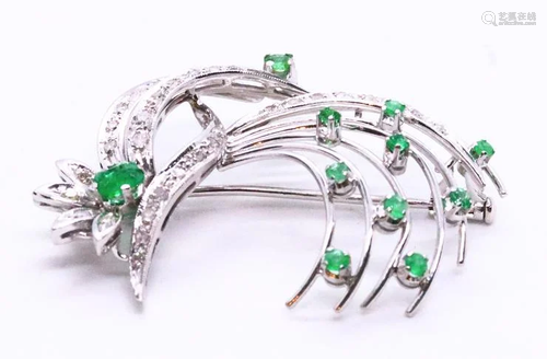 Mid-century Emeralds & Diamonds 18k Gold Brooch