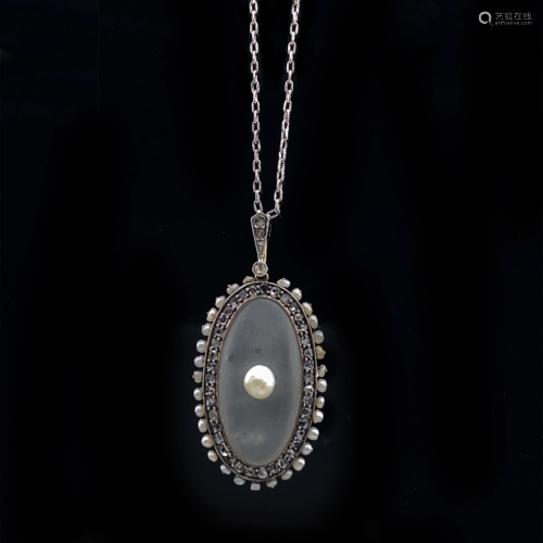 Platinum micro pearls, Diamonds & Rock Crystal Necklace