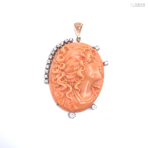 Antique Diamonds & Coral 18k Gold Cameo Pendant