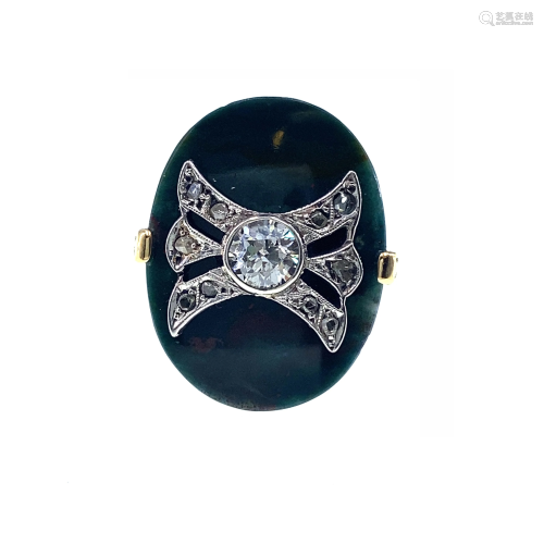 Antique Chalcedony & Diamonds, 18k Gold & Platinum Ring