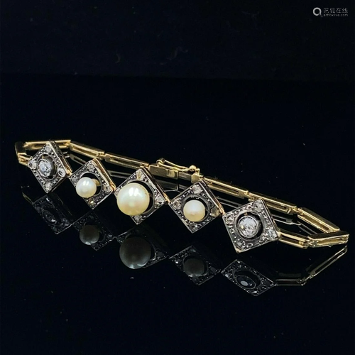 Art Deco Diamonds, Pearls 18k Gold & Platinum Bracelet