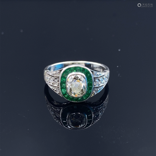 Art Deco Inspired Diamond Emeralds Target Ring
