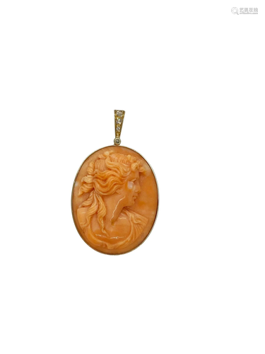 18k Gold, Diamonds & Coral Cameo Pendant